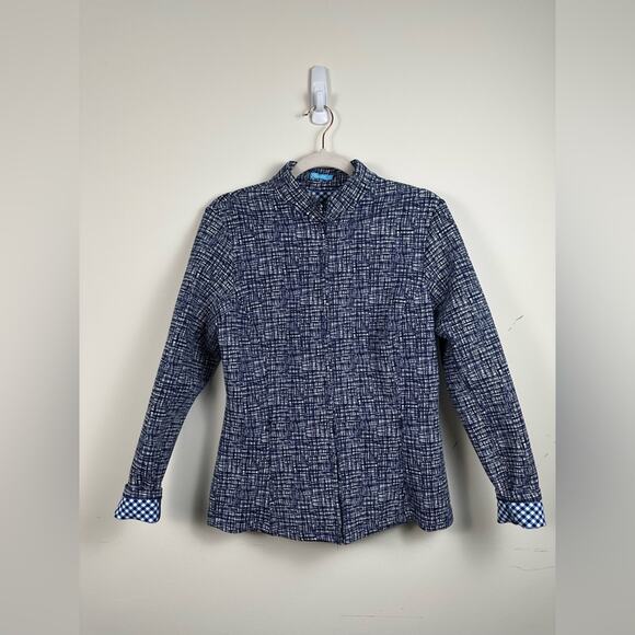 J.McLaughlin Navy White Neoprene Zip-down Jacket Size Large Gingham Interior - Picture 1 of 7